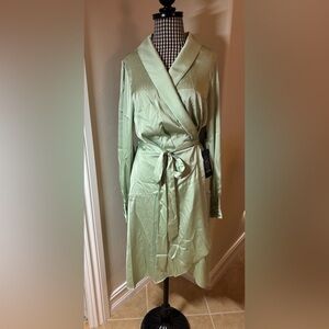 White House Black Market - LS Satin Wrap Dress Sage Green Sz 12 NWT